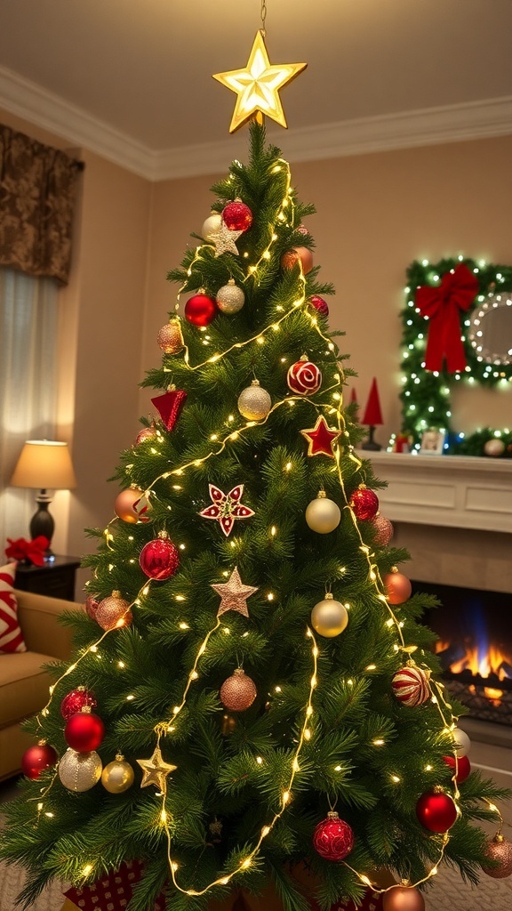 A decorated Christmas tree in a cozy living room with festive decorations.